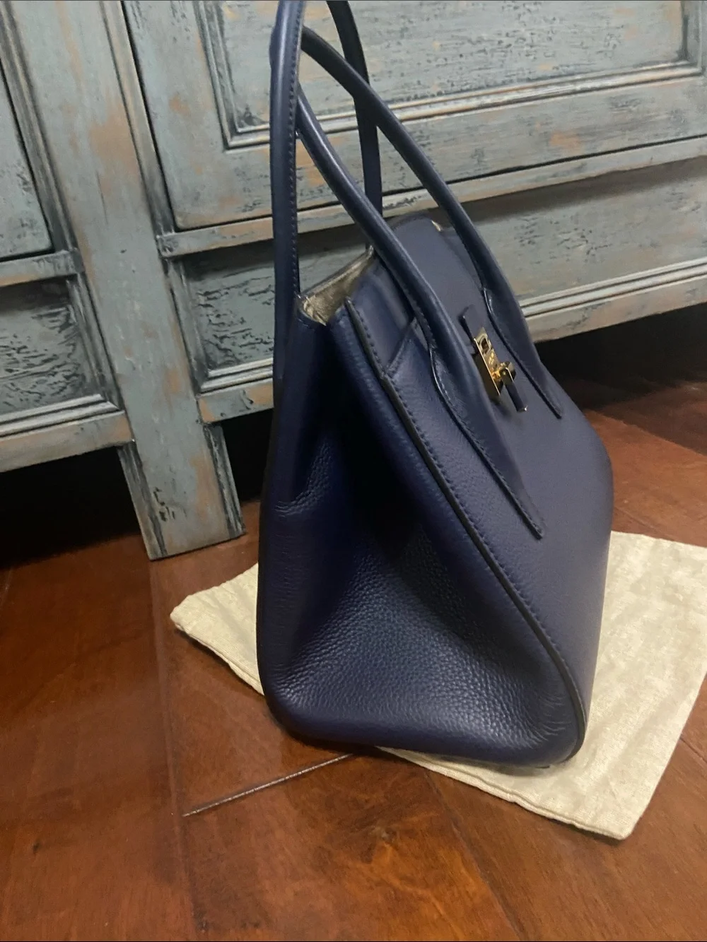 $2500 Michael Kors Navy Leather Top-Handle Satchel with Gold Hardware